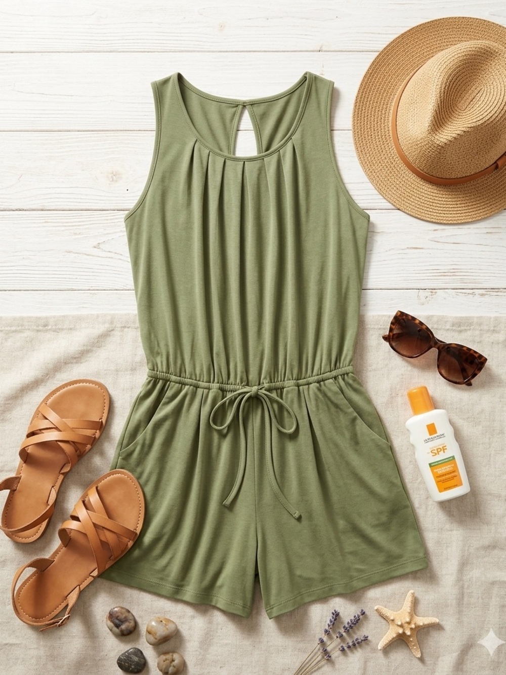 Olive Green Sleeveless Drawstring Waist Stretchy Comfy Shorts Romper Size L